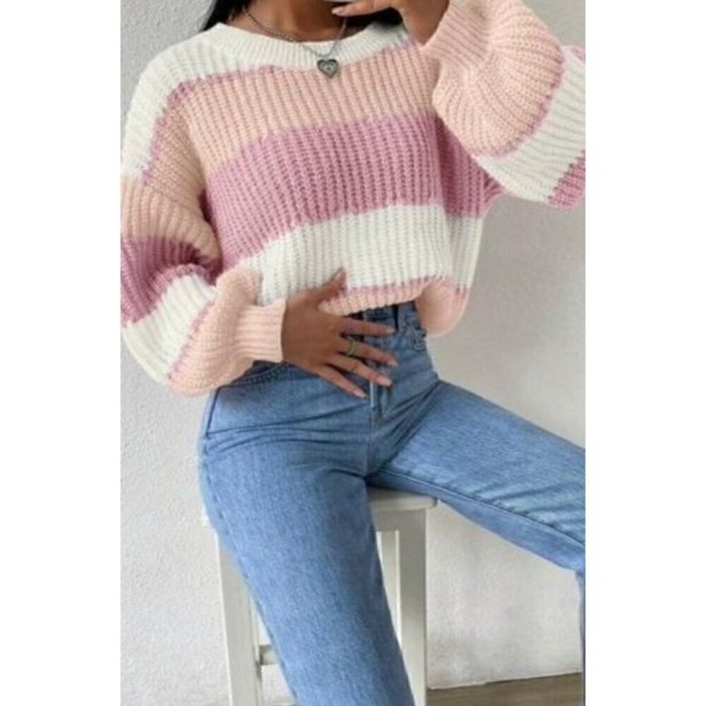 Round Neck  Color Block Drop Shoulder Sweater - Picture 5 of 5